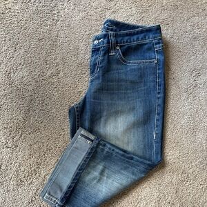 INC cuffed capri denim, rhinestone buttons, size 8, EUC, $15.